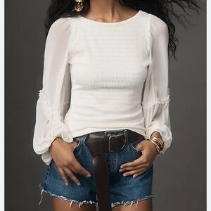 Anthropologie Cream Smocked Blouse with Balloon Sleeves